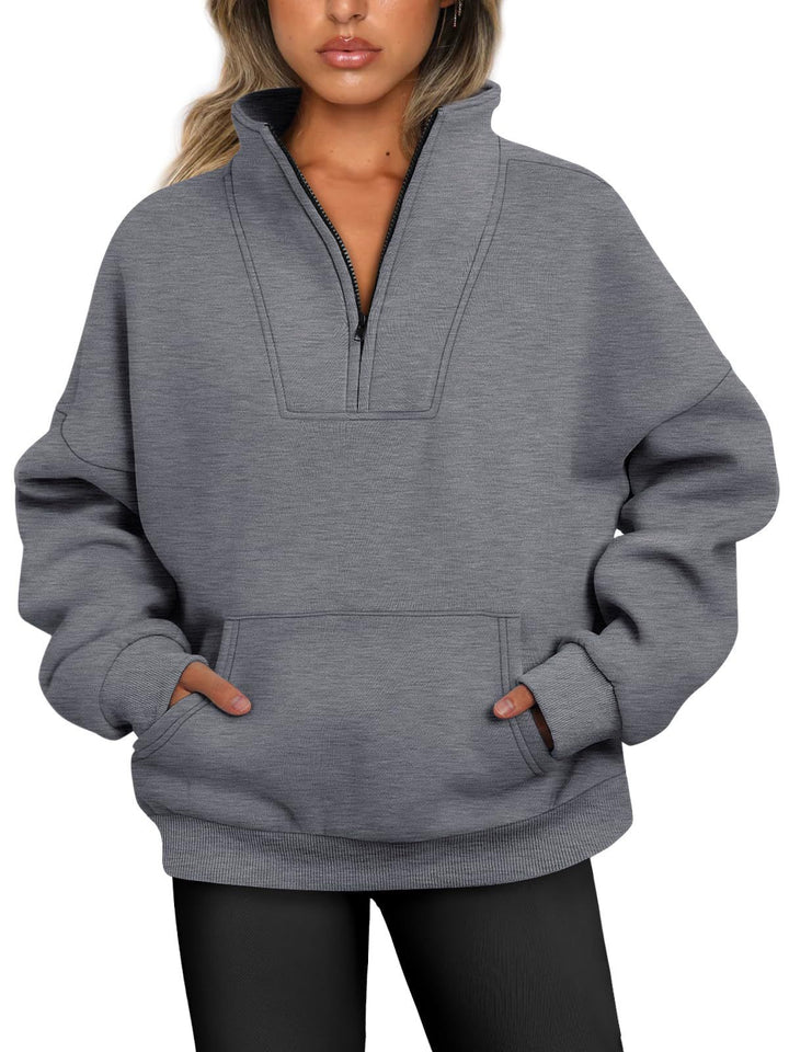 Damen nan oversized Halbzip-Hoodie mit hohem Stehkragen, Kängurutasche und gerippten Bündchen Drune