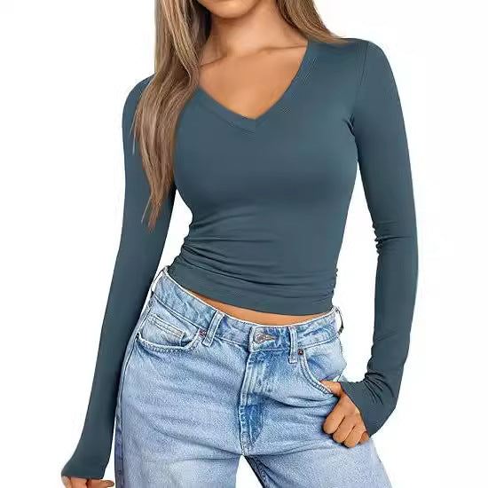 Damen Figurnahes Langarm-Cropped-Shirt mit V-Ausschnitt und elastischem Taillenbund Drune