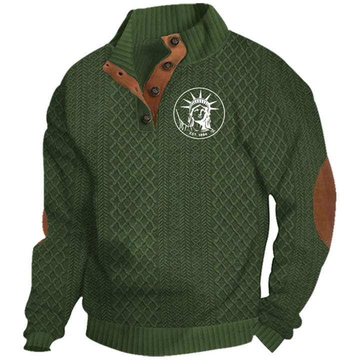 Herren nan Heritage-Strukturpullover mit Stehkragen Lederimitat-Besatz Ellenbogen-Patches und Halbknopfleiste Drune
