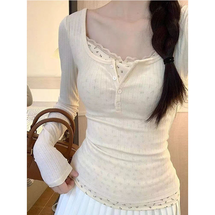 Damen Langarmshirt mit dekorativem Knopfleisten-Design und zarten Rippstrickdetails