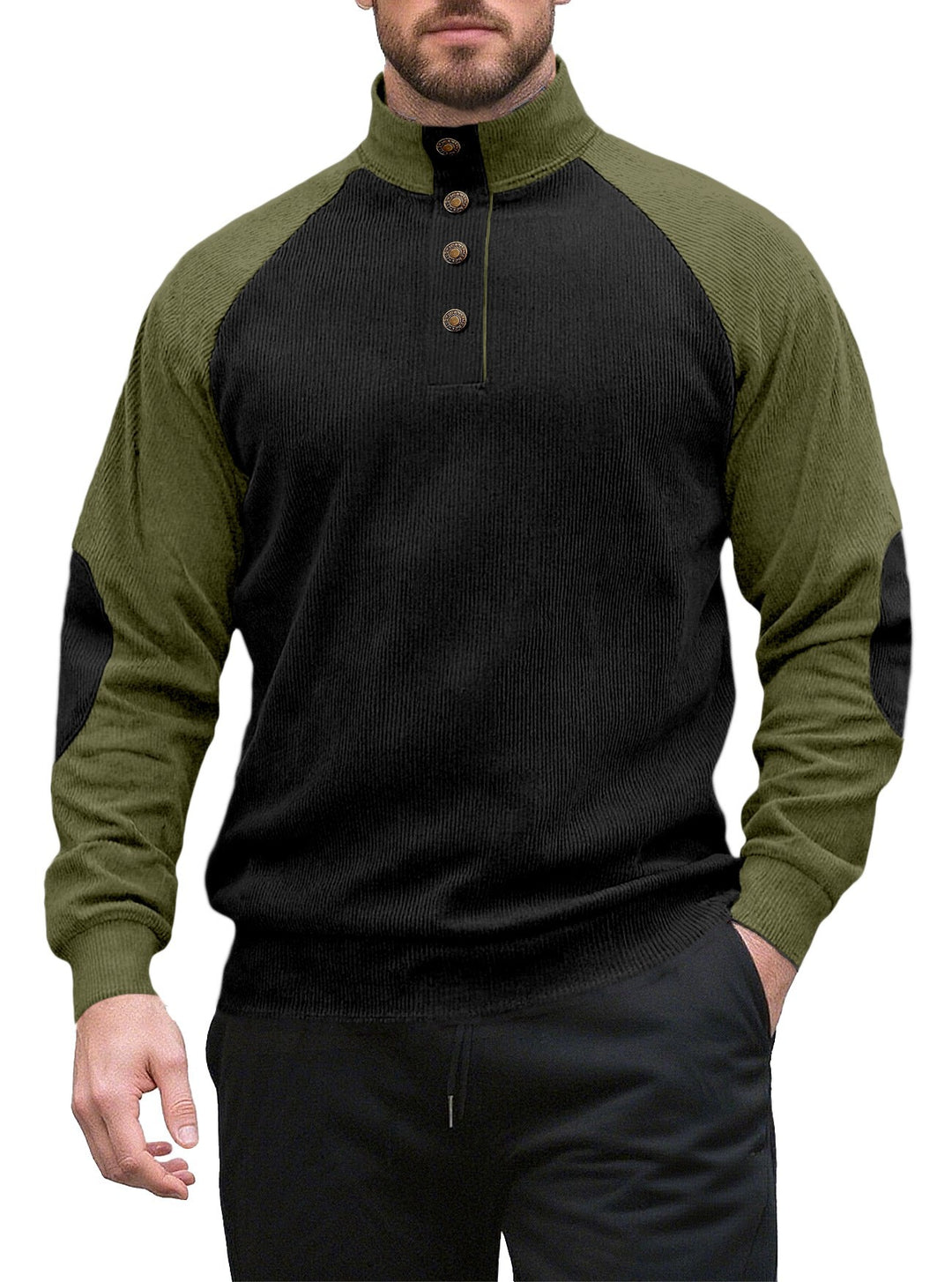 Herren nan zweifarbiger Ripptroyer mit asymmetrischer Knopfleiste und Velours-Ellbogenpatch Drune