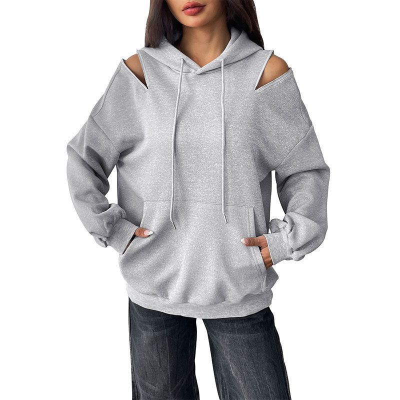 Damen Lässiger Kapuzenpullover mit Schulteröffnungen, Kängurutasche und gerippten Bündchen Drune