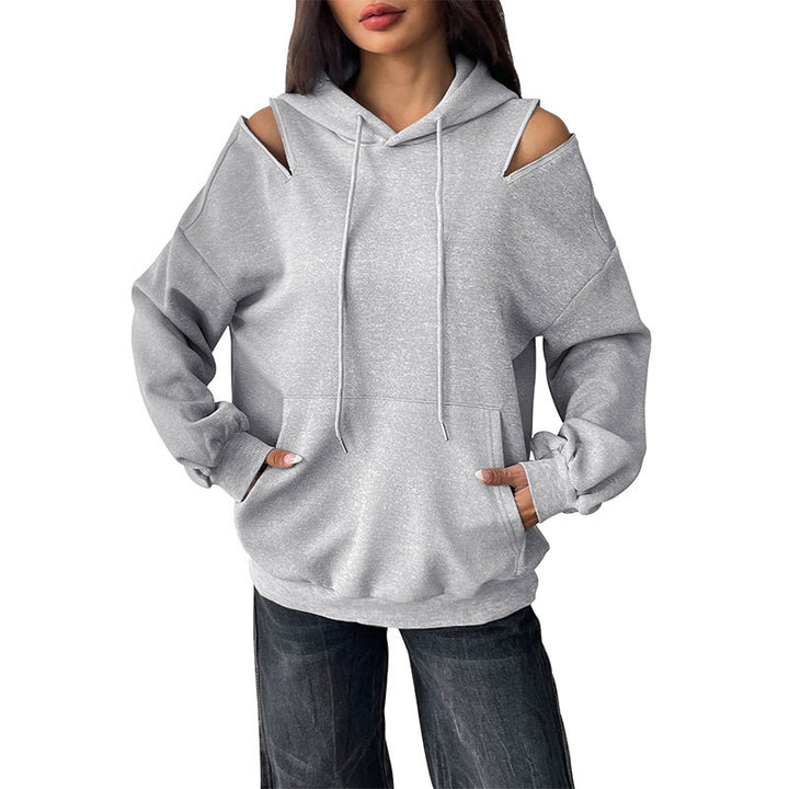 Damen Lässiger Kapuzenpullover mit Schulteröffnungen, Kängurutasche und gerippten Bündchen Drune
