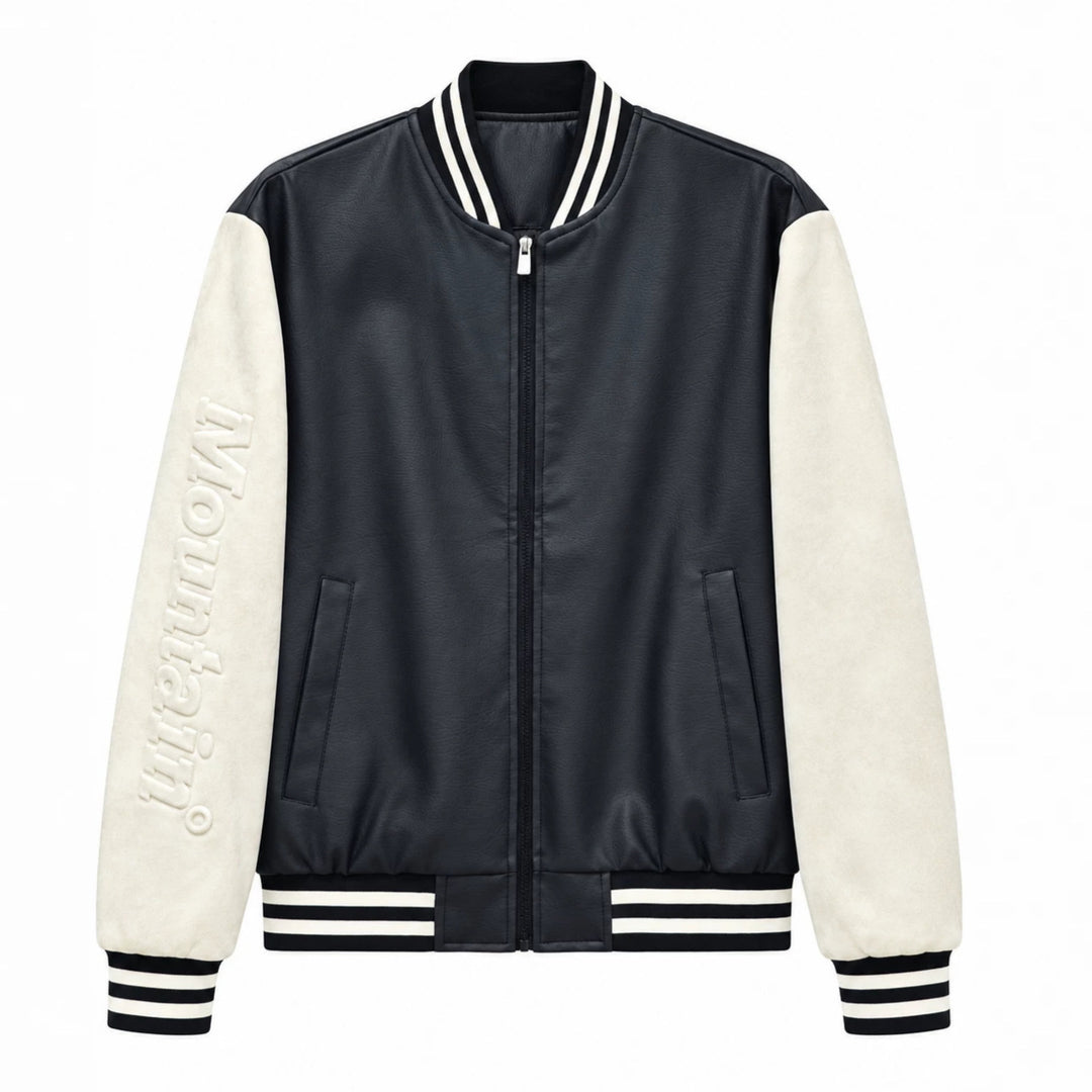 Herren Varsity‑Bomberjacke im College‑Stil mit Lederimitatkörper und kontrastierenden Wildlederärmeln Drune