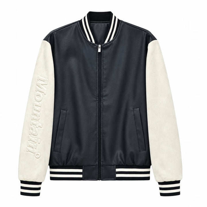 Herren Varsity‑Bomberjacke im College‑Stil mit Lederimitatkörper und kontrastierenden Wildlederärmeln Drune