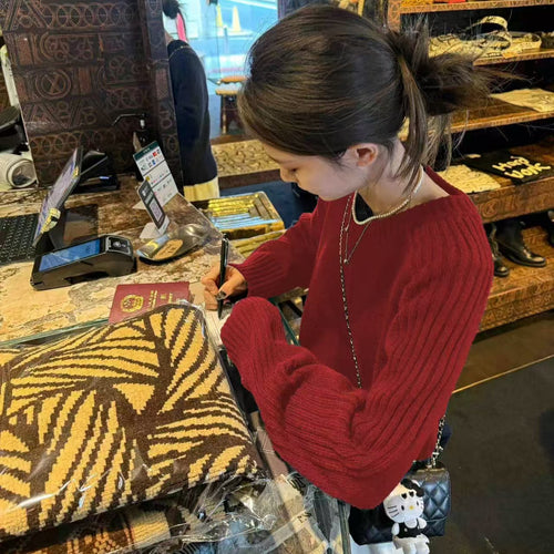 Damen gemütlicher Strickpullover mit Rundhalsausschnitt und breiten Rippbündchen Drune