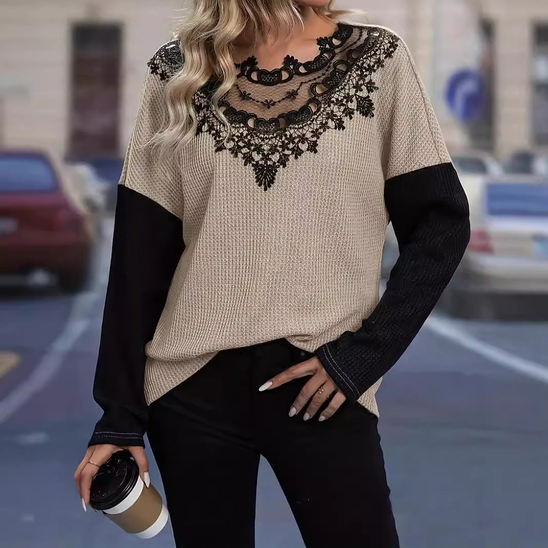 Damen Elegantes Strickoberteil mit gehäkeltem Spitzenkragen Drune