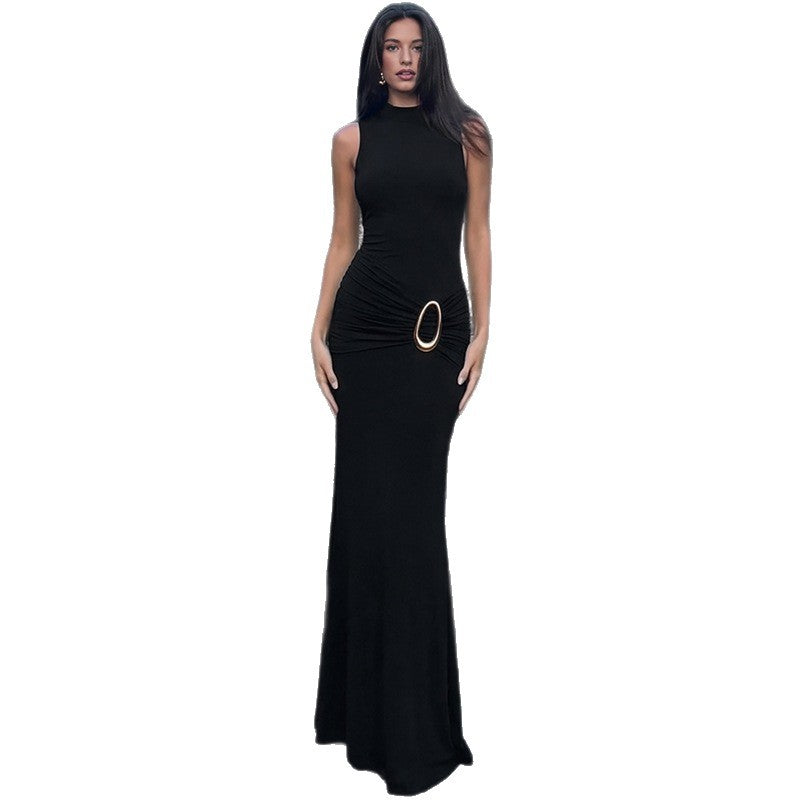 Damen Elegantes Maxikleid mit Raffungen und glänzendem Gürtel Drune