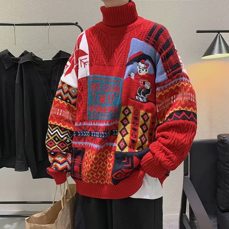 Damen modischer Oversized-Pullover mit kreativem Muster und hohem Kragen Drune