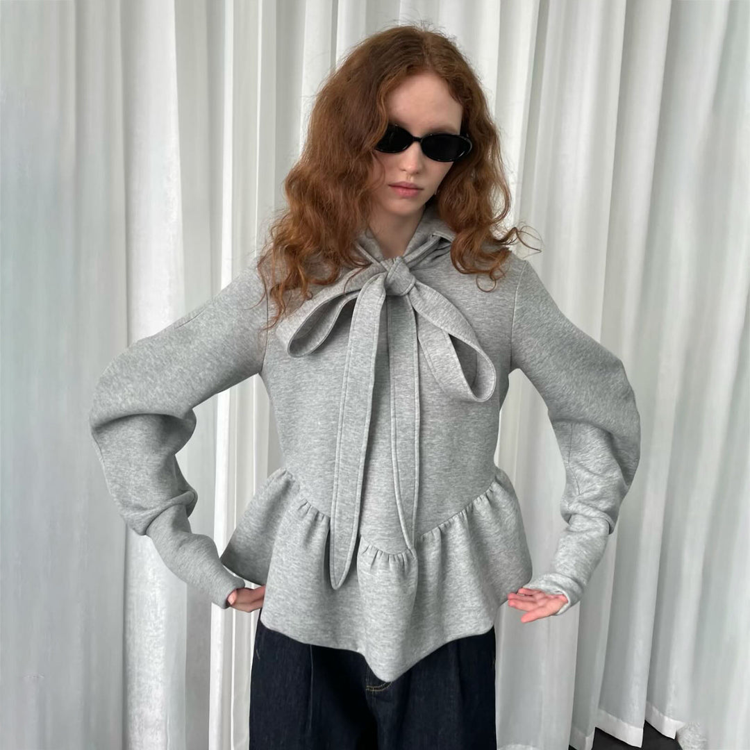Damen Pullover mit Krawatten-Detail und Volant Drune