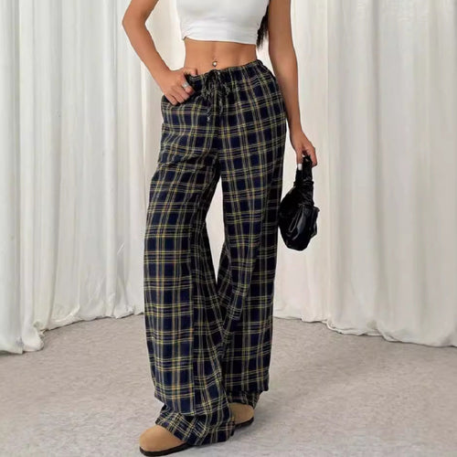 Damen weite Karo-Hose aus angenehmem Baumwollstoff mit Gummibund und seitlichen Taschen Drune