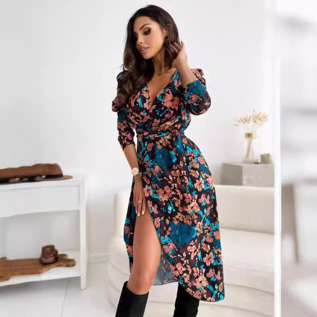 Damen Fließendes Wickelkleid mit floralem Design und tiefem Schlitz Drune