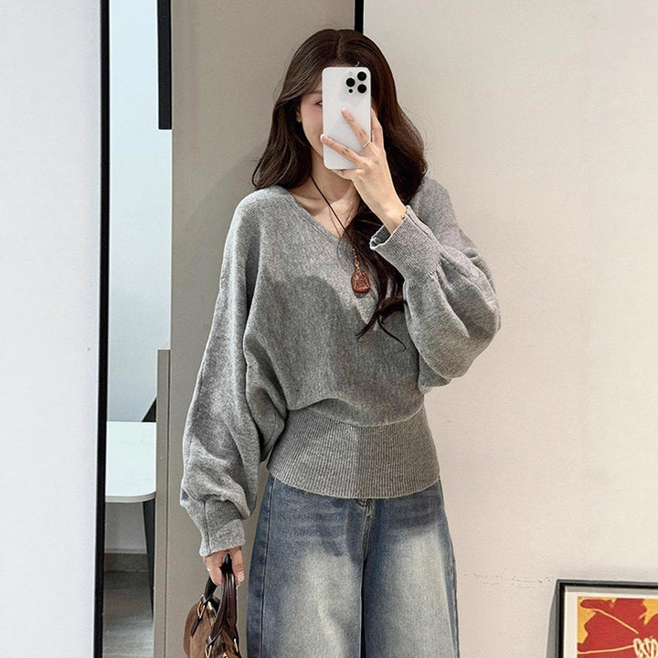 Damen lockerer Pullover mit taillierbarem Gürtel und V-Ausschnitt Drune