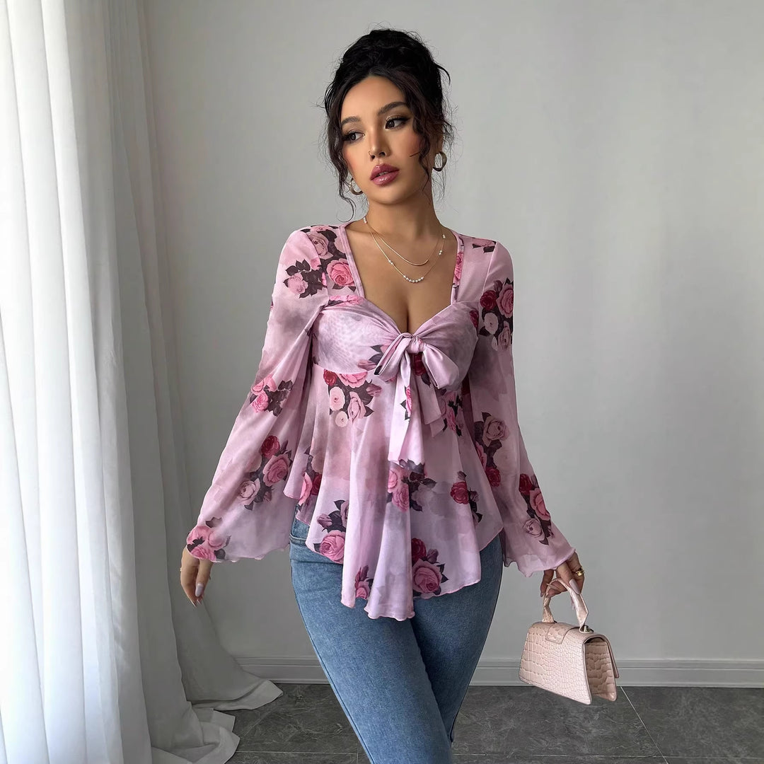 Damen Transparente Chiffon-Babydoll-Bluse mit Knotenfront und floralem Allover-Print Drune
