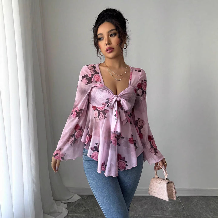 Damen Transparente Chiffon-Babydoll-Bluse mit Knotenfront und floralem Allover-Print Drune