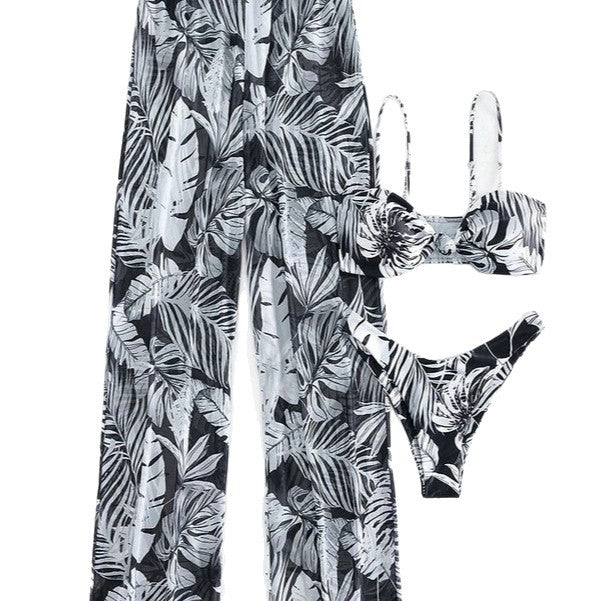 Damen Badeoutfit mit floralem Oberteil und transparenten Palazzohosen Drune