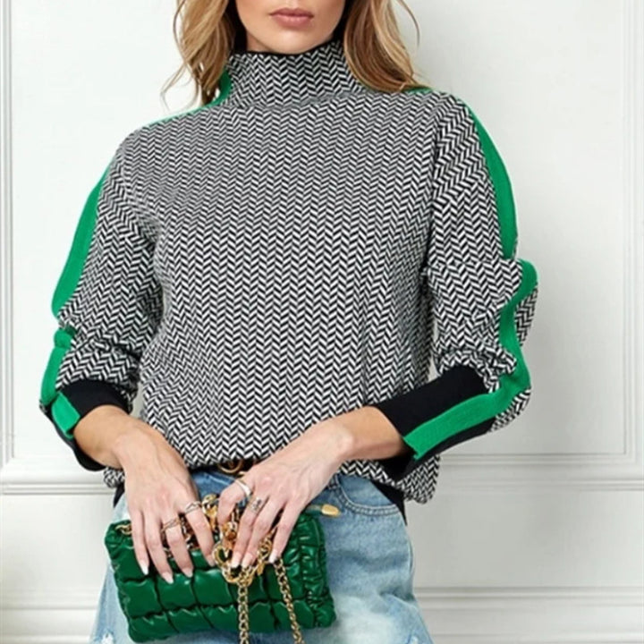 Damen Feinstrickpullover mit geometrischem Jacquardmuster, Stehkragen und Kontrastband Drune