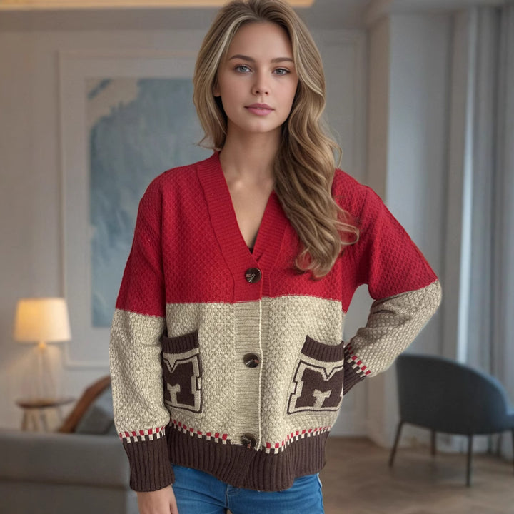 Damen gemütliche Strickjacke mit tiefem V-Ausschnitt und dekorativen Taschen Drune