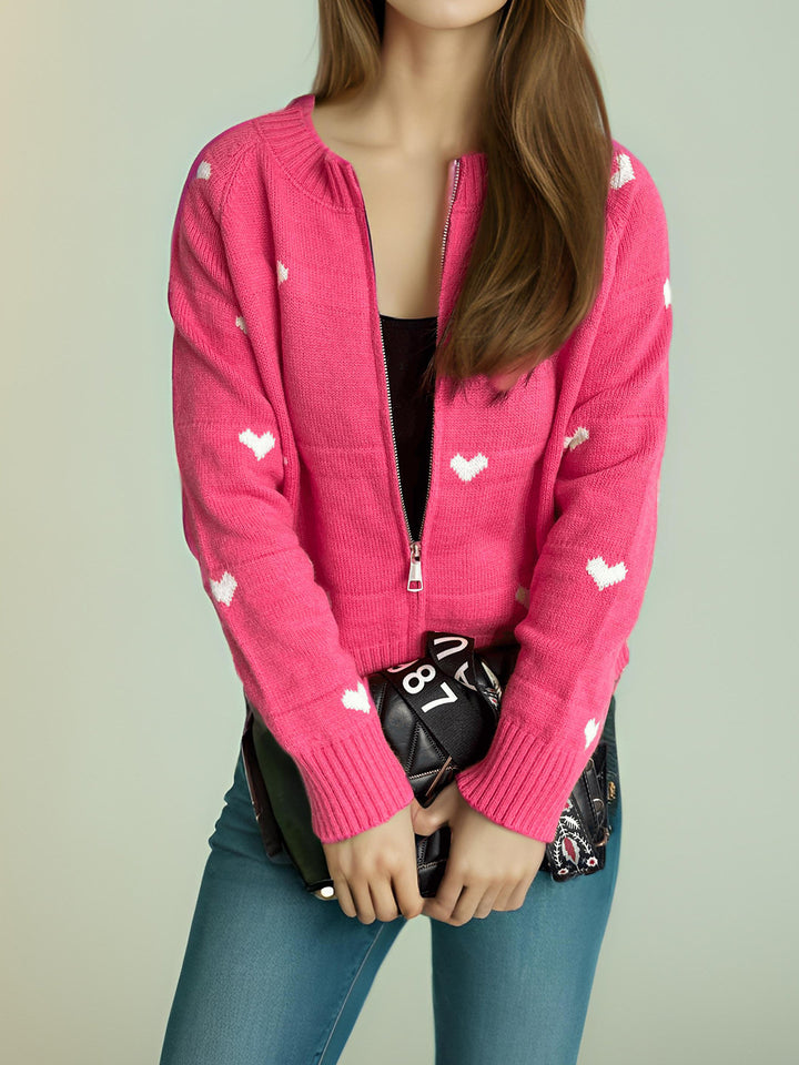 Damen modischer Strickcardigan mit Herzmuster und Reißverschluss Drune