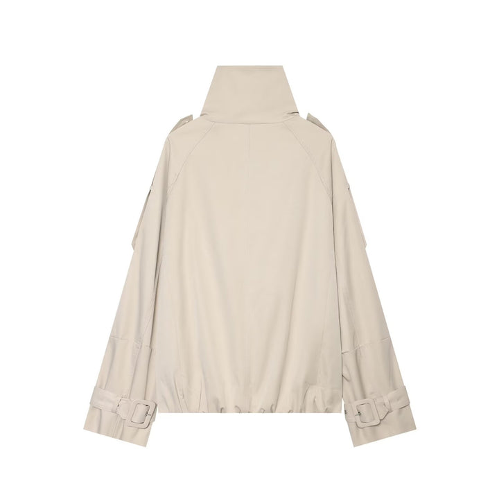 Damen Kurzes Doppelreiher‑Cape‑Trench mit hohem Funnelkragen und Ärmelriemen Drune