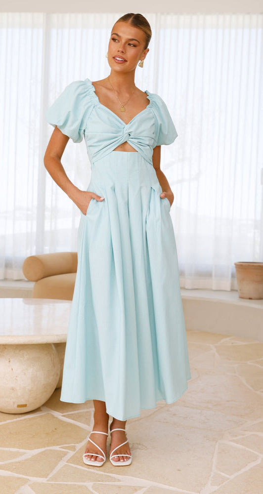 Damen Midikleid mit verspieltem Knotendetail und puffärmeligem Design Drune