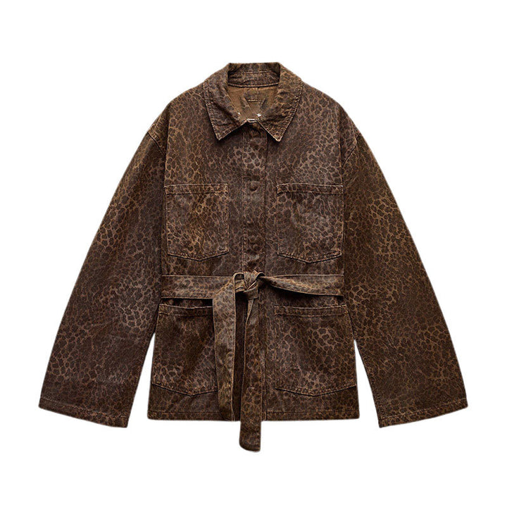 Damen modische Jeansjacke im Leoparden-Design mit Gürtel Drune