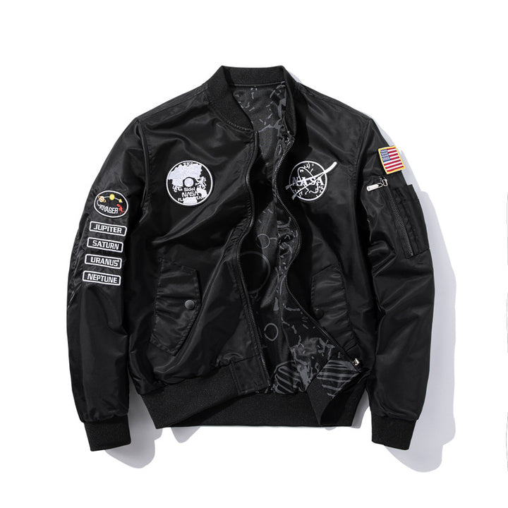 Herren  bestickte Raum-Patch glänzende Shell Bomberjacke mit bedrucktem Innenfutter und Ärmel-Reißverschluss-Nutztasche Drune