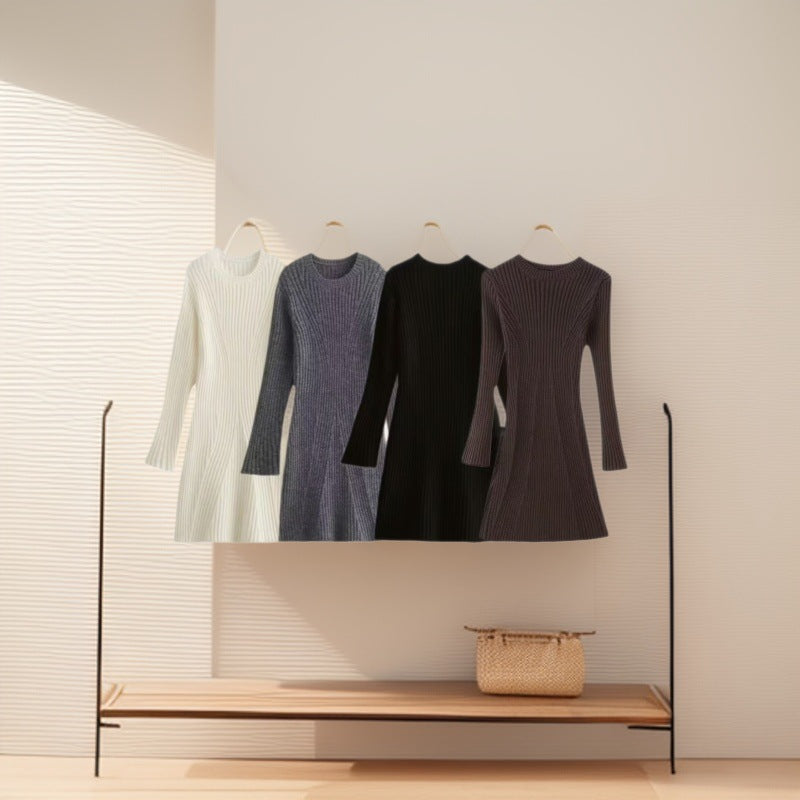 Damen Geripptes Strickkleid mit ausgestellter A‑Linie und weiten Manschetten Drune