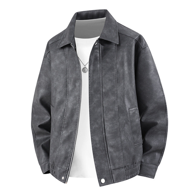 Männer's  distressed Kunstleder Zip-Vorderseite Kragenjacke mit elastischem Saum und gefütterten Taschen Drune