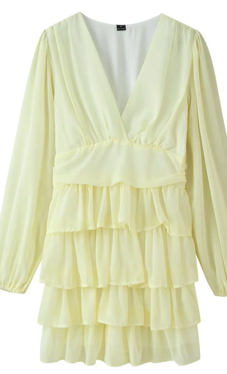Damen volantiges Chiffon-Minikleid mit tiefem V‑Ausschnitt Drune