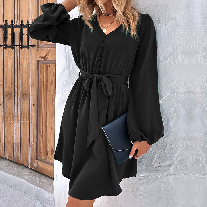 Damen V-Ausschnitt Kleid mit Bindegürtel, Knopfleiste & Ballonärmeln Drune