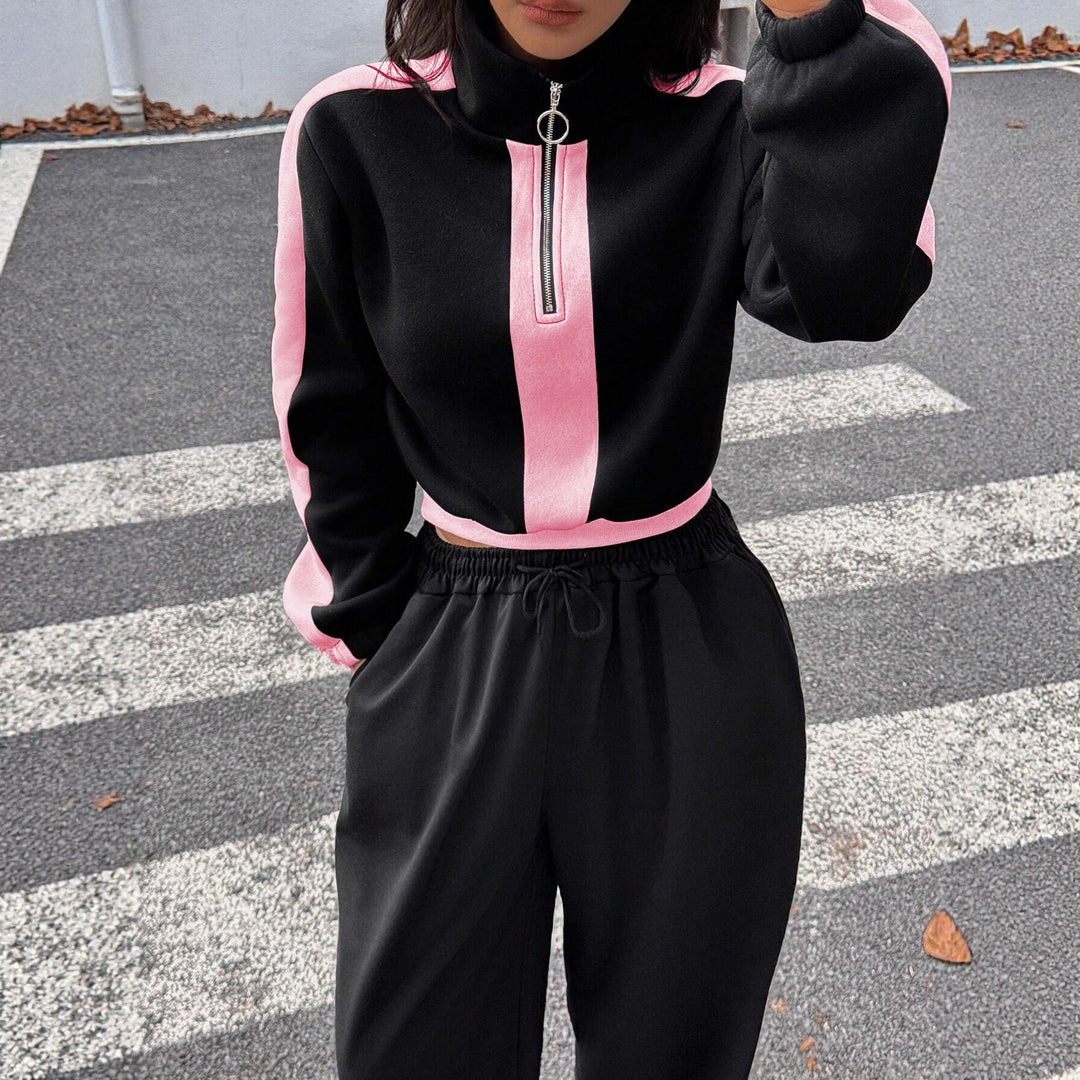 Damen kurzes Sweatshirt mit Halbreißverschluss und elastischer Bund Jogginghose Set Drune