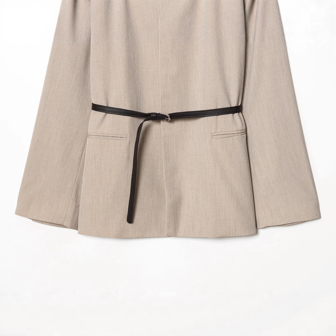 Damen nan taillierter kragenloser Blazer mit V-Ausschnitt und dünnem Ledergürtel Drune