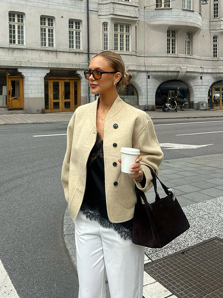 Damen lässige Wolljacke mit Knopfdetails und voluminösen Ärmeln Drune
