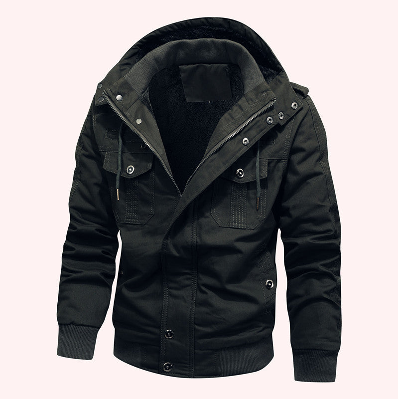 Herren Winddichte Canvas-Jacke mit Teddyfutter und Kapuze Drune
