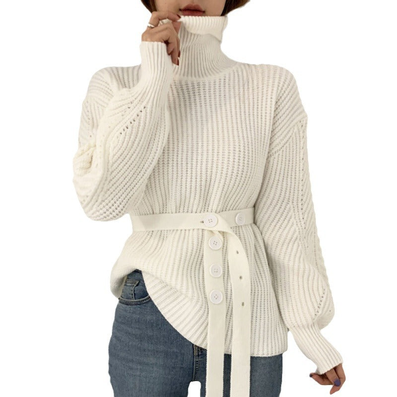Damen Grobstrickpullover mit hohem Kragen und taillierbarem Gürtel Drune