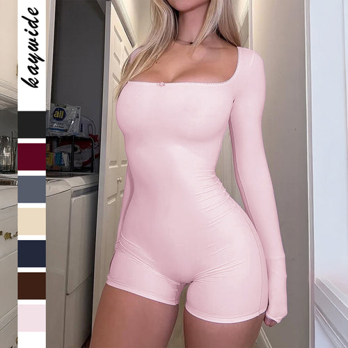 Damen nan figurbetonter Jumpsuit mit quadratischem Ausschnitt, langen Ärmeln und shorts-Länge Drune
