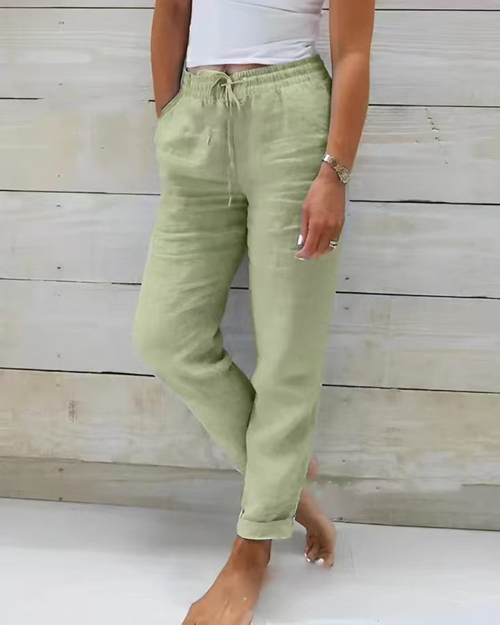 Damen nan lässige Leinenhose mit elastischem Bund Kordelzug und Seitentaschen Drune