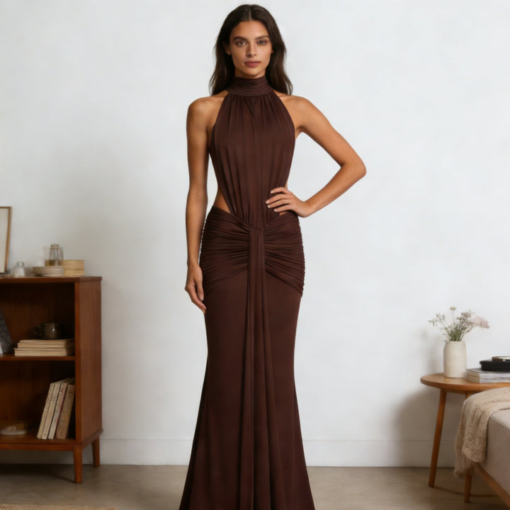 Damen Elegantes Drapiertes Abendkleid mit tiefem Rückenausschnitt und figurbetontem Schnitt Drune