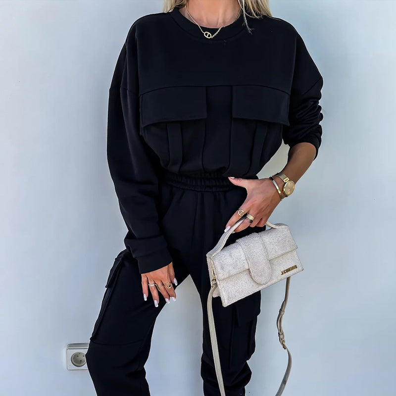 Damen Cargo-Loungewear-Set aus weicher Baumwollmischung mit hoher Taille und aufgesetzten Cargo-Taschen Drune