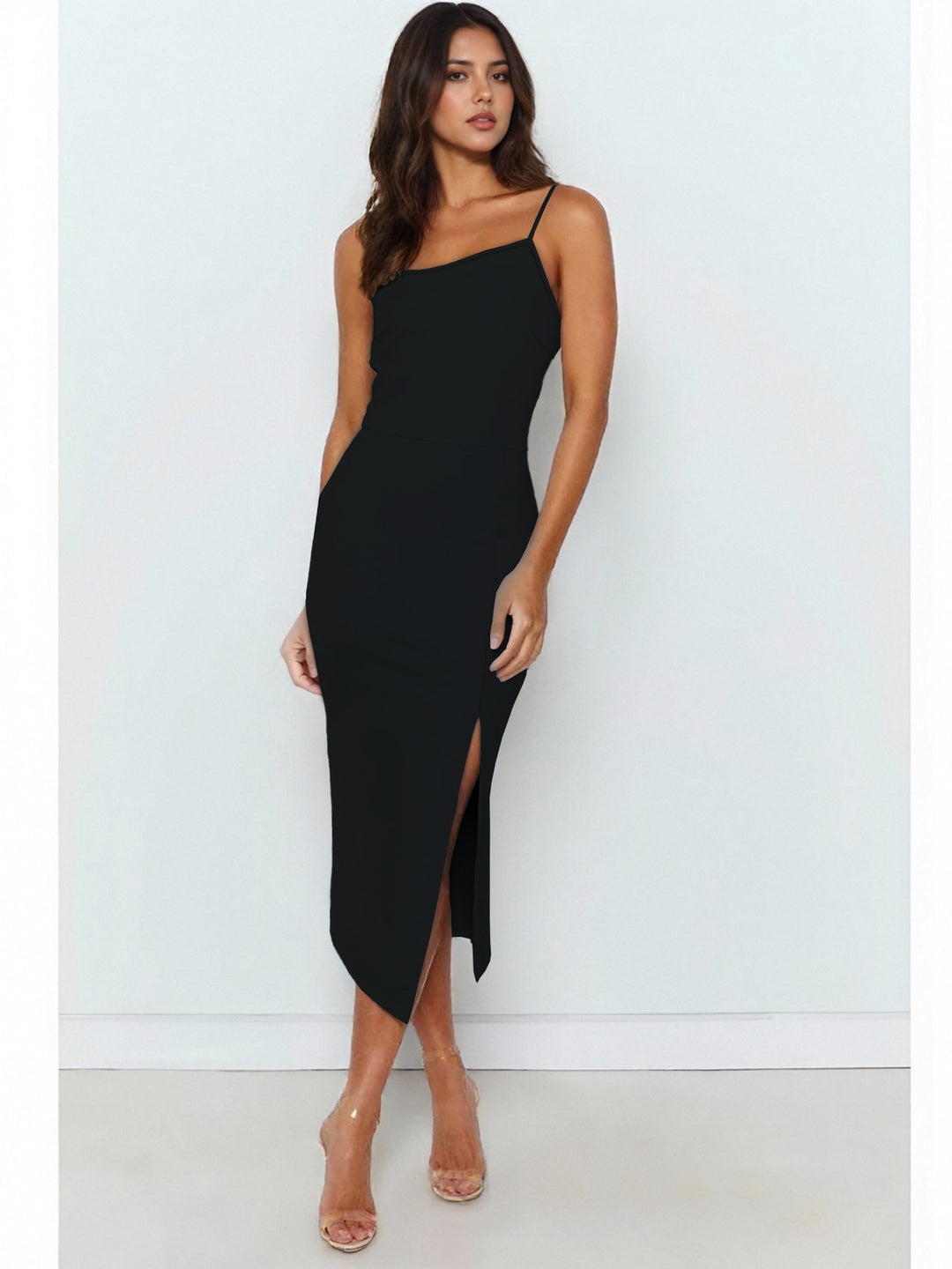 Damen Elegantes Midi-Kleid mit asymmetrischem Saum und Schlitz Drune