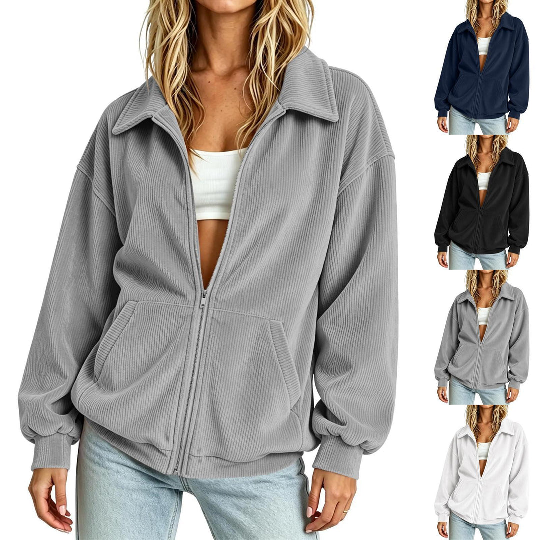 Damen Gerippte Zip-Jacke mit Hemdkragen und Kängurutasche Drune