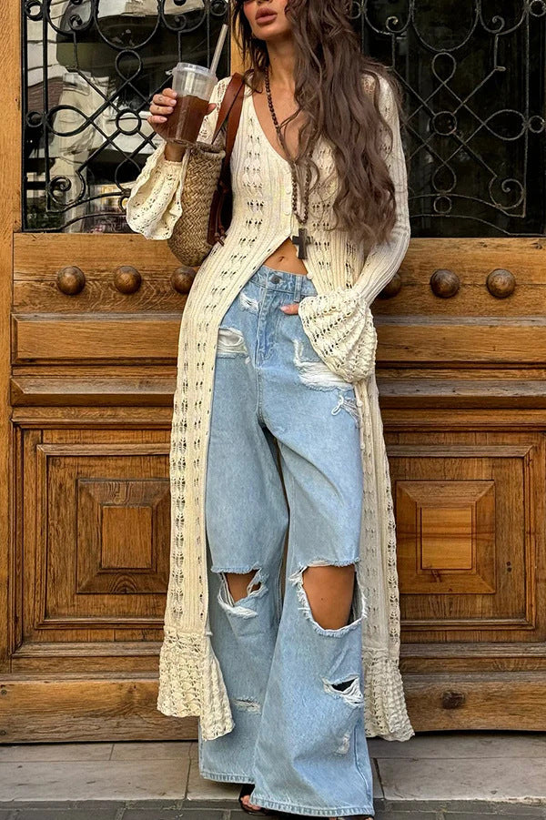 Damen Langer Häkelstrick-Cardigan mit Glockenärmeln und Offener Front Drune