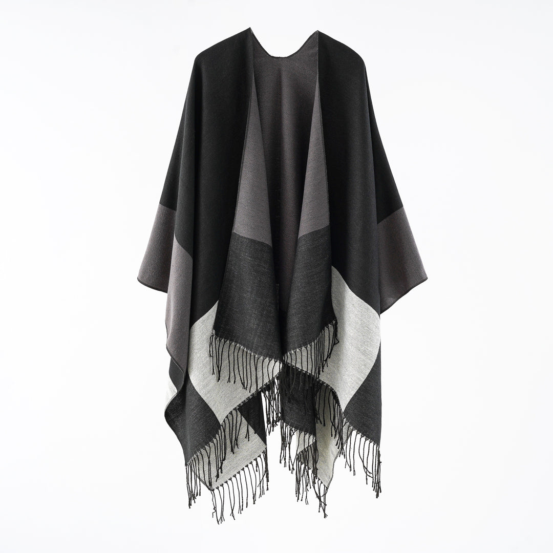 Damen eleganter Wollmix-Capeponcho mit grafischem Blockmuster und Fransen Drune