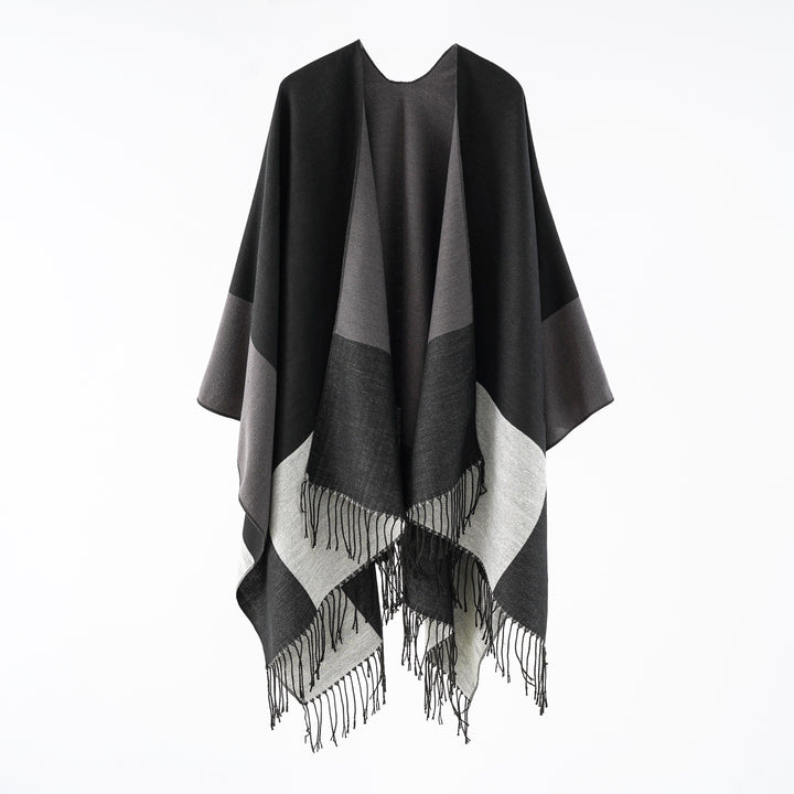 Damen eleganter Wollmix-Capeponcho mit grafischem Blockmuster und Fransen Drune