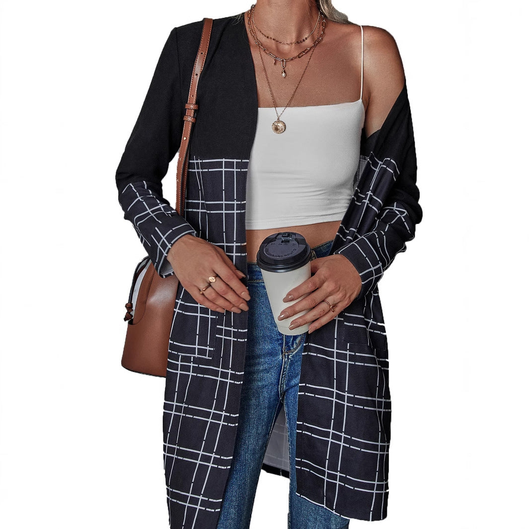 Damen längerer Blazer mit grafischem Karomuster Drune