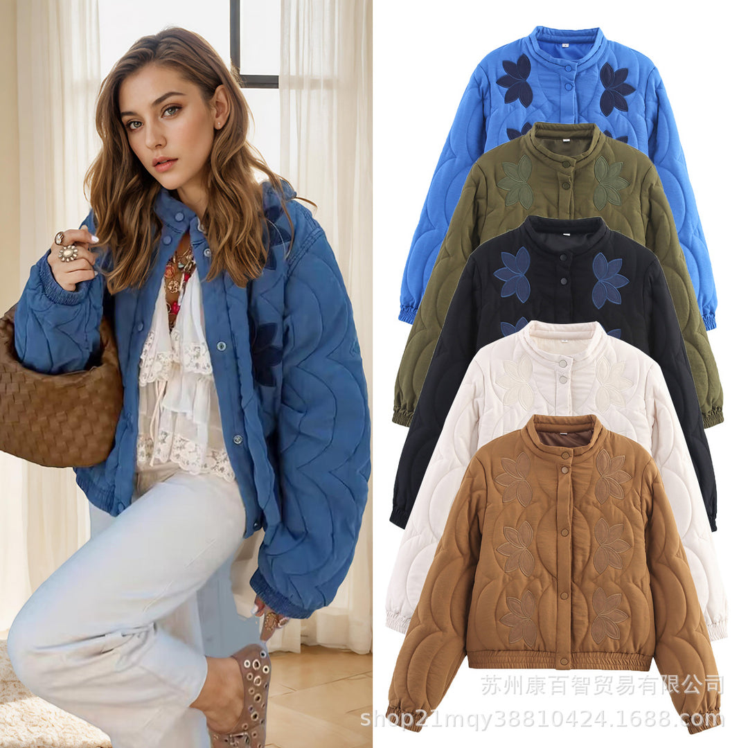 Damen Kurz geschnittene Steppjacke mit floralen Applikationen und elastischem Saum Drune