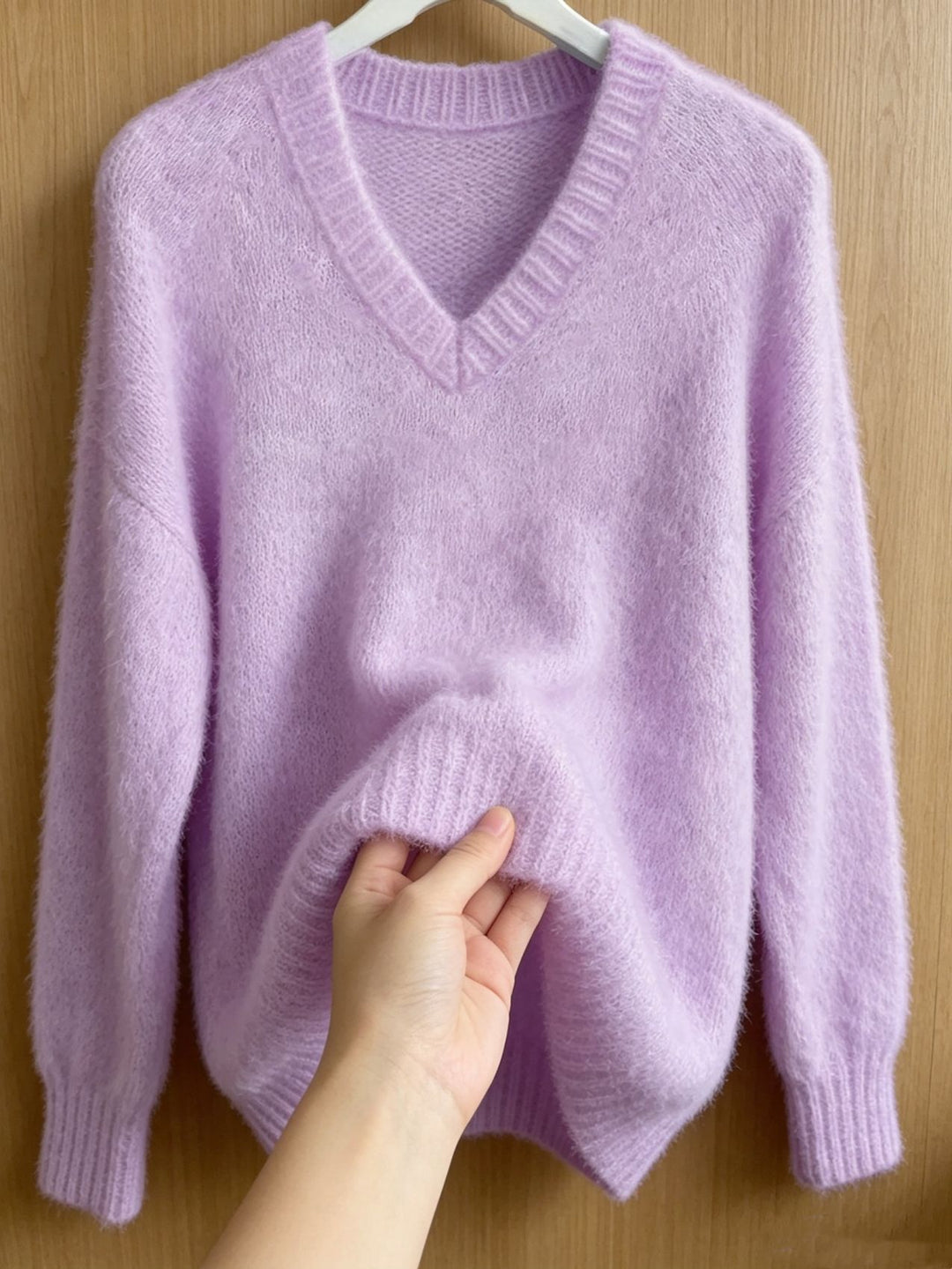 Damen Flauschiger Mohair-Mix Oversize-Pullover mit tiefem V-Kragen Drune