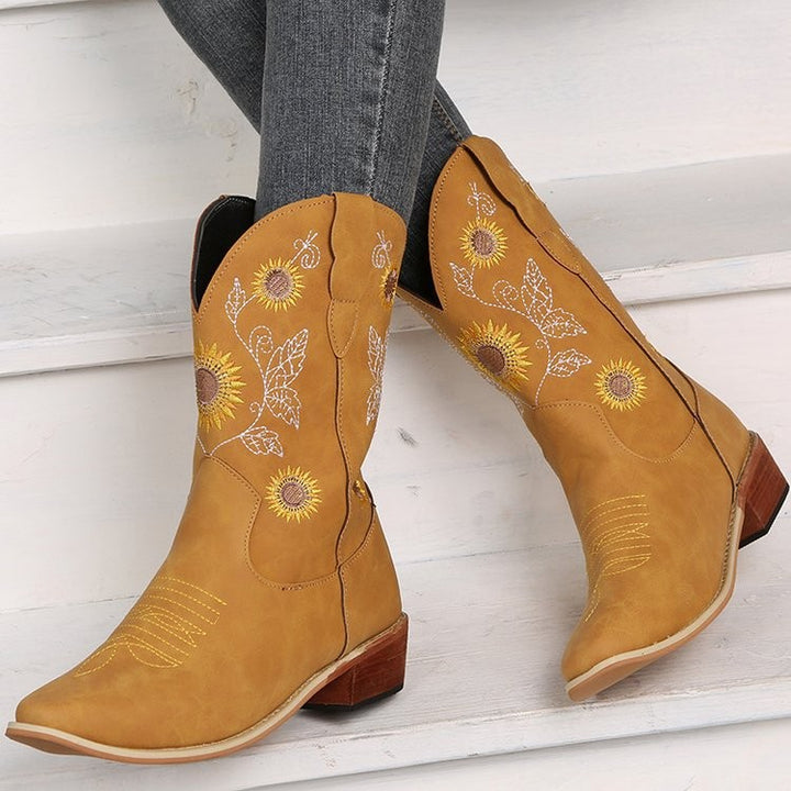 Damen Cowboy-Stiefel mit floralem Stickdesign und robustem Blockabsatz Drune