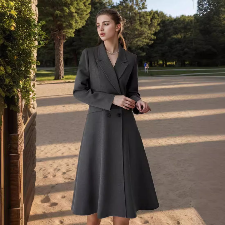 Damen eleganter Maximantel mit doppelter Knopfreihe und weit schwingendem Rock Drune